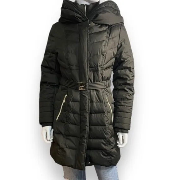 Kensie Signature Faux Down Belted Parka Coat Oversized Hood Deep Army Green SZ S