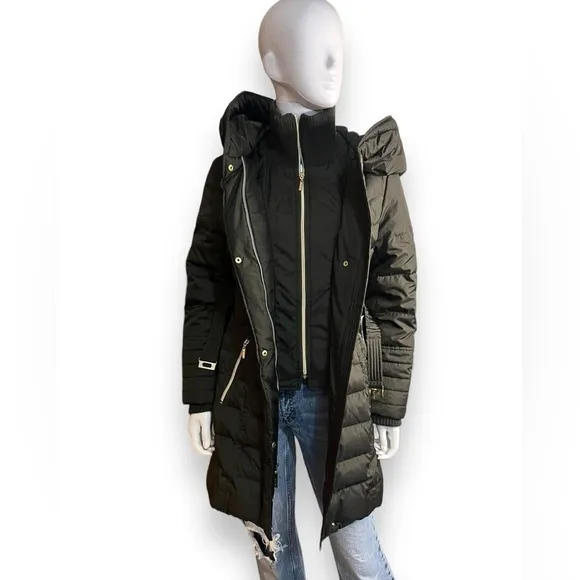 Kensie Signature Faux Down Belted Parka Coat Oversized Hood Deep Army Green SZ S