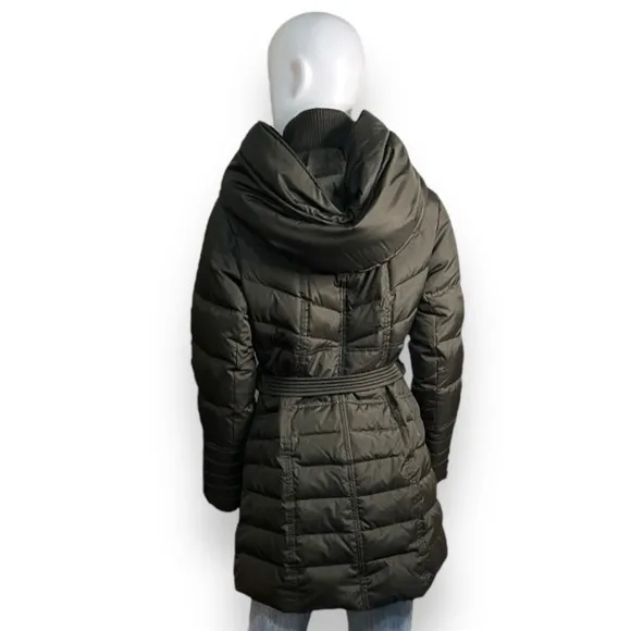 Kensie Signature Faux Down Belted Parka Coat Oversized Hood Deep Army Green SZ S