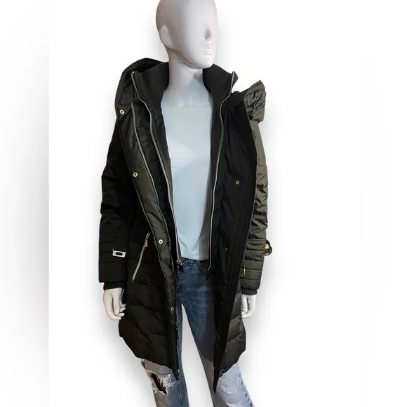 Kensie Signature Faux Down Belted Parka Coat Oversized Hood Deep Army Green SZ S