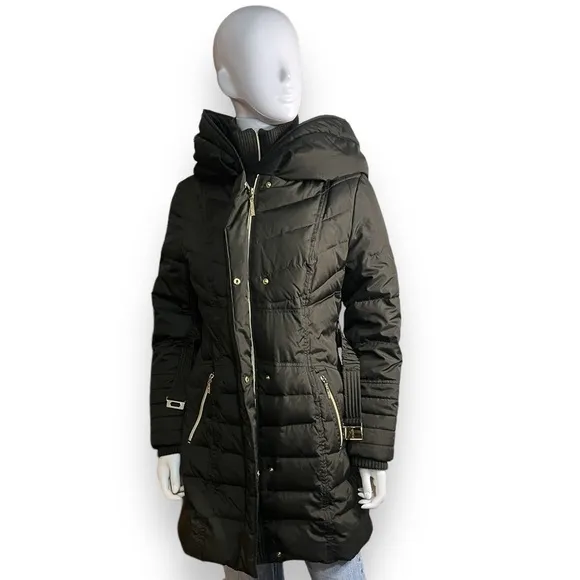 Kensie Signature Faux Down Belted Parka Coat Oversized Hood Deep Army Green SZ S