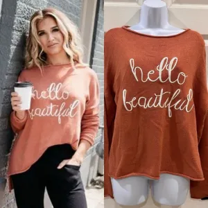 Kittenish “Hello Beautiful” Oversized Rust Orange Sweater small
