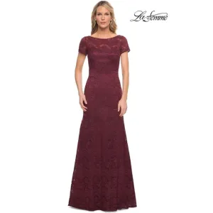 La Femme 26875 Lace Overlay Gown Women's 10 Burgundy Boat Neck Short Sleeve NWT