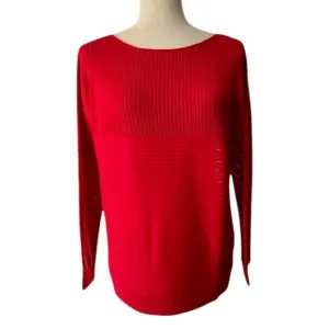 Lafayette 148 Women Ribbed Pullover Red Sweater Boat Neck 34 long Sleeves Small