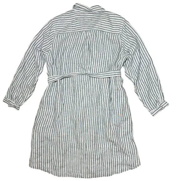 Lands’ End 100% Linen Long Sleeve Stirt Dress Nautical Striped Button-Up XL 18