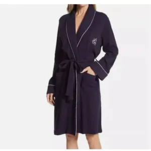 Lauren Essentials Robe Womens XL Navy Blue White Pipping Quilted Collar Monogram