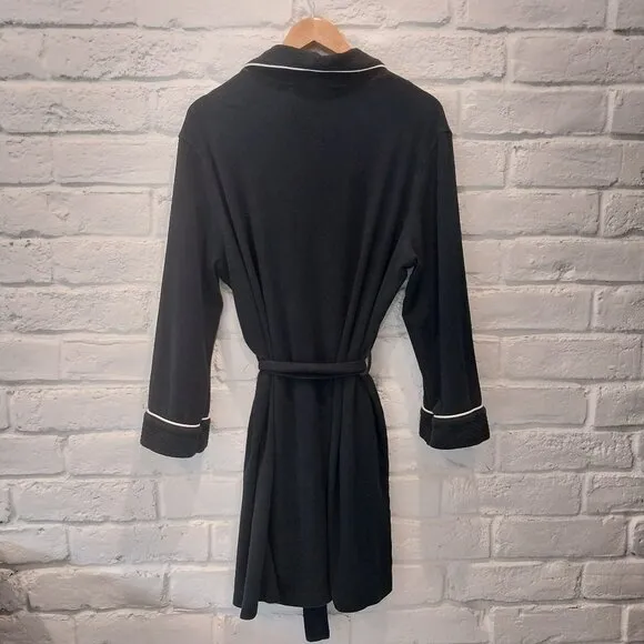 Lauren Essentials Robe Womens XL Navy Blue White Pipping Quilted Collar Monogram