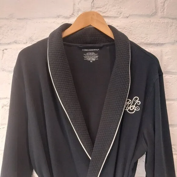 Lauren Essentials Robe Womens XL Navy Blue White Pipping Quilted Collar Monogram