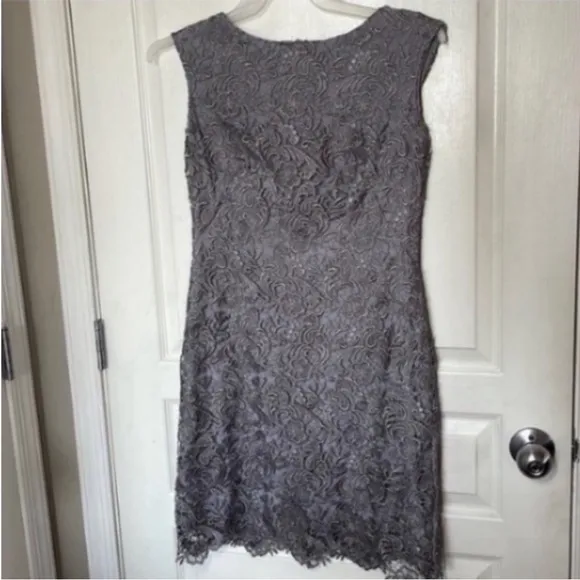 Lauren Mini Dress Crochet Lace Gray Floral Sheath Bateau Neck Party Formal 4
