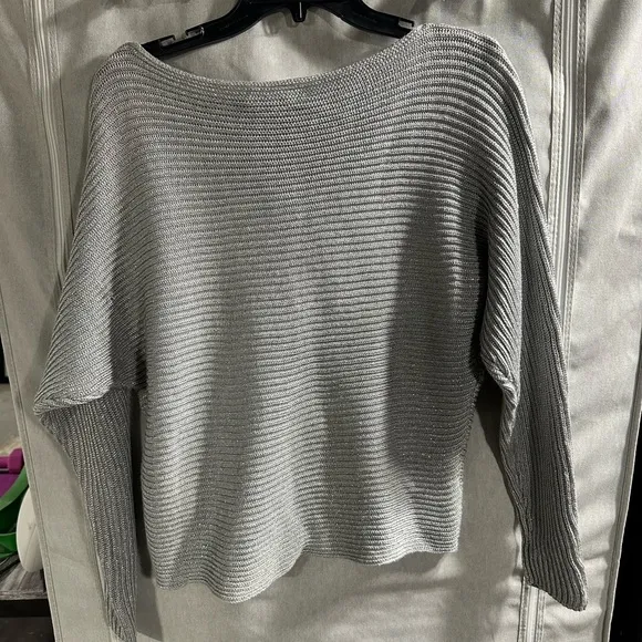 Lauren Ralph Lauren Black Label Metallic Silver Boatneck Dolman Sleeve Sweater M