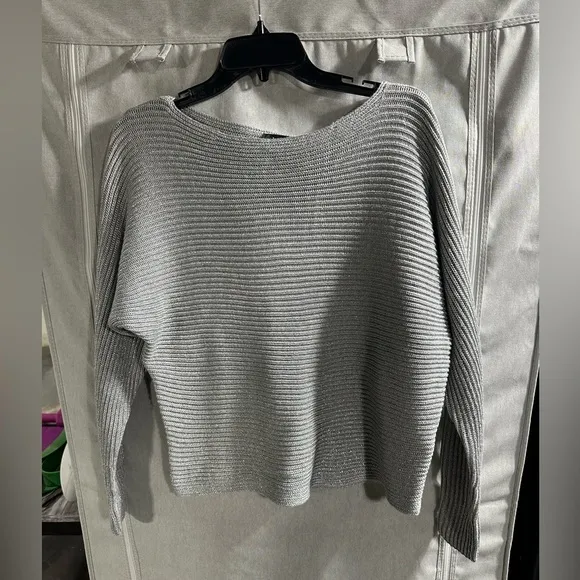 Lauren Ralph Lauren Black Label Metallic Silver Boatneck Dolman Sleeve Sweater M