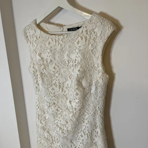 Lauren Ralph Lauren White Lace Sheath Dress Cap Sleeve Knee Length 10 - T$