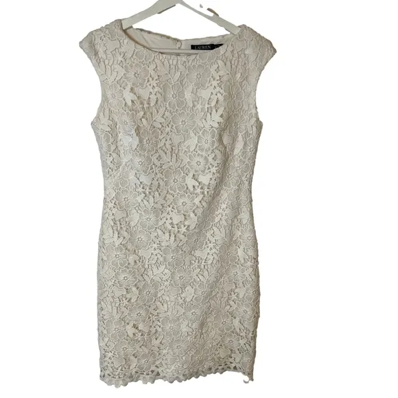 Lauren Ralph Lauren White Lace Sheath Dress Cap Sleeve Knee Length 10 - T$