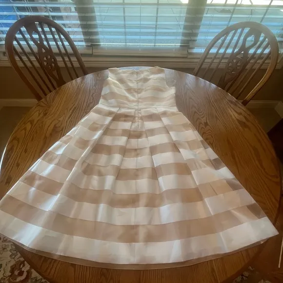LELA ROSE Organza Striped Boat Neck Full Skirt Dress Pockets Size 14 White READ