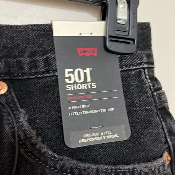 Levi’s 501 High Rise Big E Black Contemporary Distressed Denim Shorts Festival