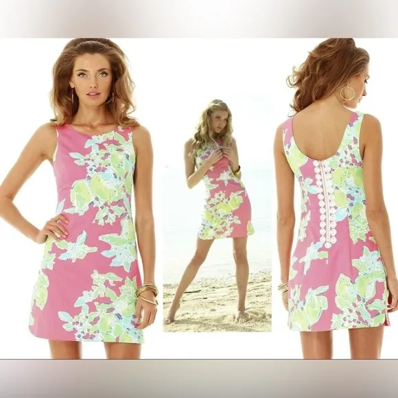 Lilly Pulitzer Women’s “Delia” Lace Back Shift Dress in Hot Pink Lemonade Sz 2