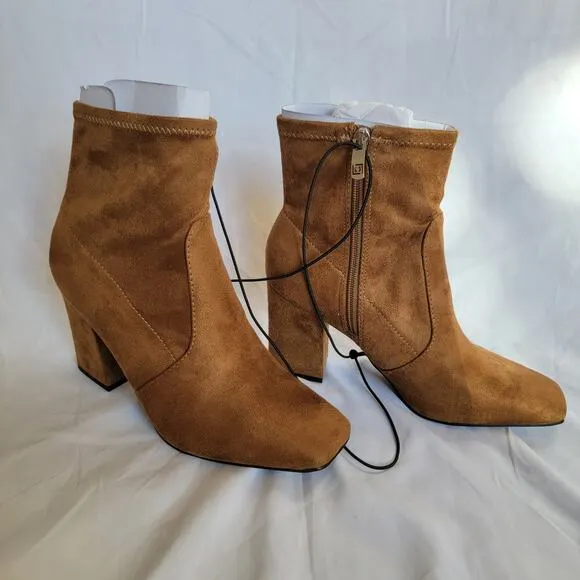 Liz Claiborne Tan Faux Suede Block Heel Ankle Zip Boots Karder Booties Size 8.5