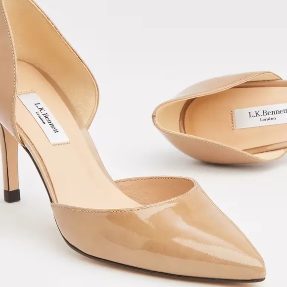 L.K. Bennett Flossie Taupe Open Courts Nude Patent Leather Stiletto Heels 41 11