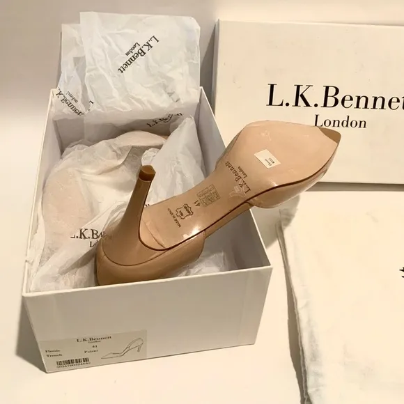 L.K. Bennett Flossie Taupe Open Courts Nude Patent Leather Stiletto Heels 41 11