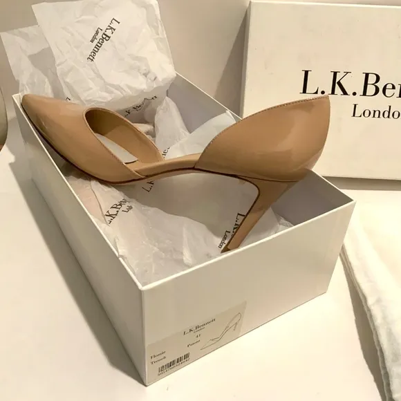 L.K. Bennett Flossie Taupe Open Courts Nude Patent Leather Stiletto Heels 41 11