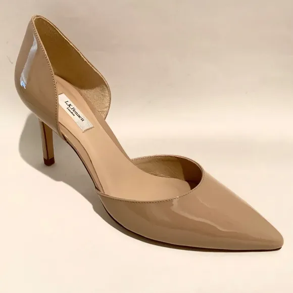 L.K. Bennett Flossie Taupe Open Courts Nude Patent Leather Stiletto Heels 41 11