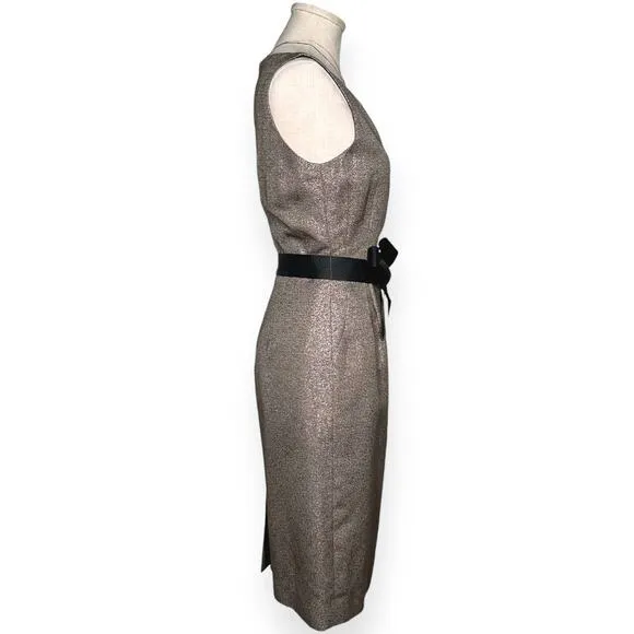LK BENNETT UK Cerys Dress Sheath Gold Metallic Bow Tie Knee Length Cocktail Chic