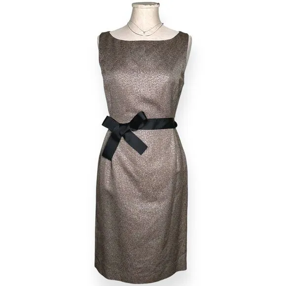LK BENNETT UK Cerys Dress Sheath Gold Metallic Bow Tie Knee Length Cocktail Chic