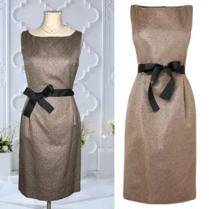 LK BENNETT UK Cerys Dress Sheath Gold Metallic Bow Tie Knee Length Cocktail Chic
