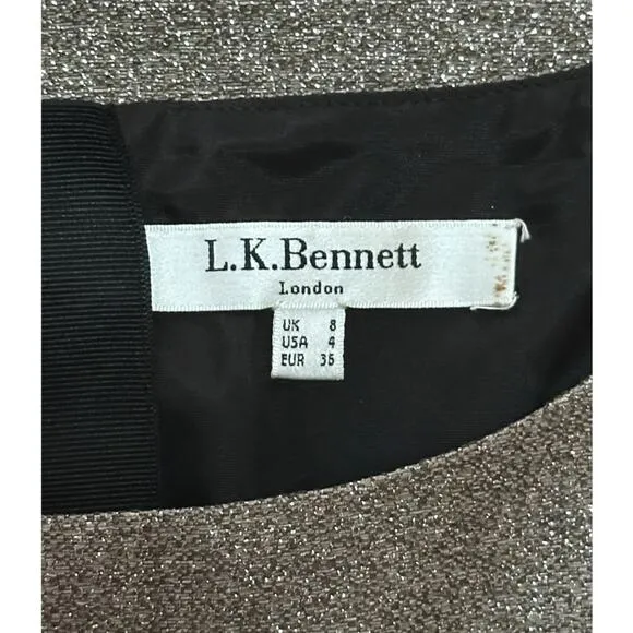 LK BENNETT UK Cerys Dress Sheath Gold Metallic Bow Tie Knee Length Cocktail Chic