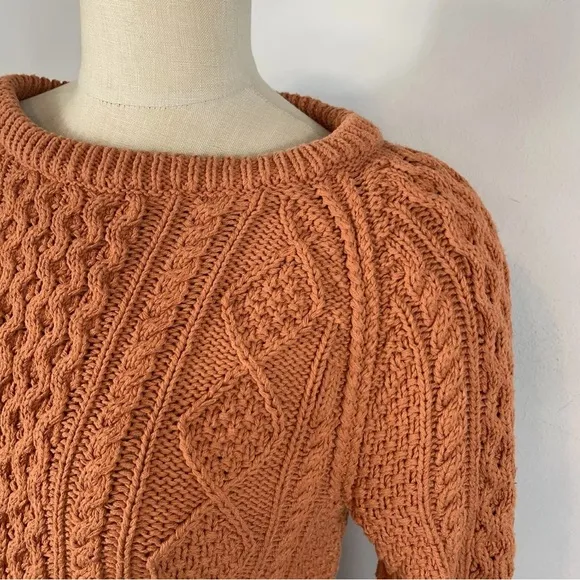 LL Bean Signature Women’s Cable-knit Fisherman Cotton Pullover Orange Sweater