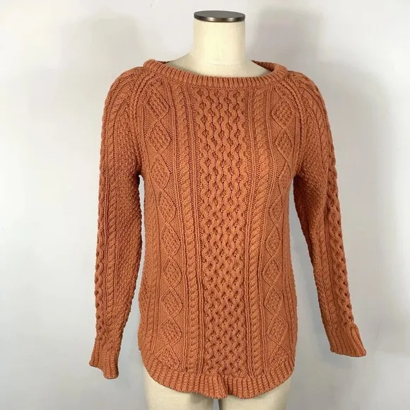 LL Bean Signature Women’s Cable-knit Fisherman Cotton Pullover Orange Sweater