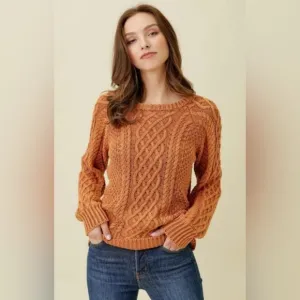 LL Bean Signature Women’s Cable-knit Fisherman Cotton Pullover Orange Sweater