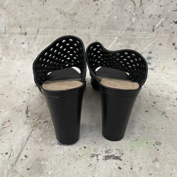 Loeffler Randall Black Leather Heeled Mules Open Toe Size 9.5