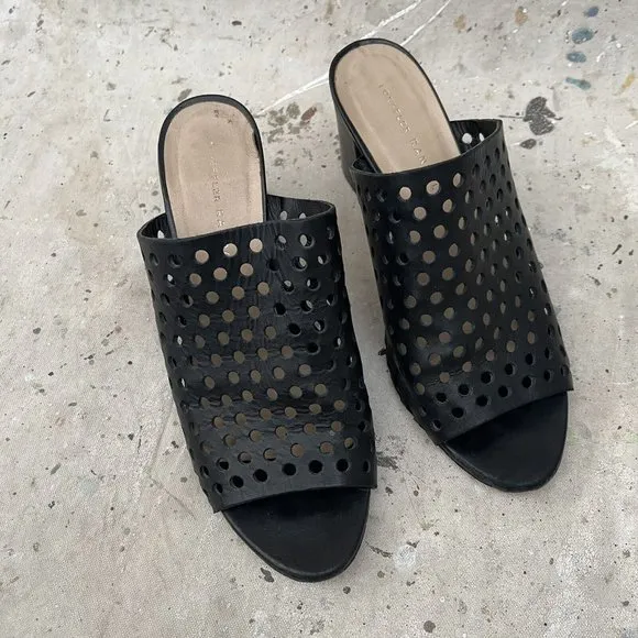 Loeffler Randall Black Leather Heeled Mules Open Toe Size 9.5