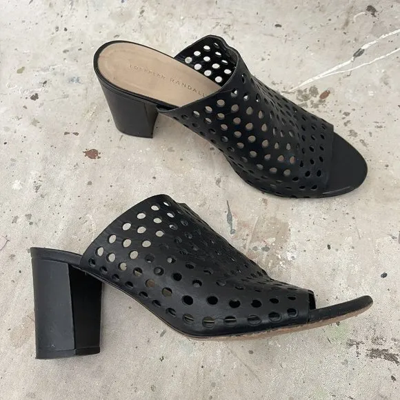 Loeffler Randall Black Leather Heeled Mules Open Toe Size 9.5