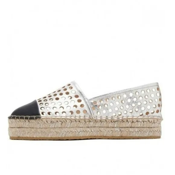 Loeffler Randall Metallic Perforated Platform Espadrille Slip On Shoes Size 8.5