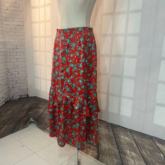 Love, Whit. By Whitney Port Red Blue Floral midi Skirt Size Large