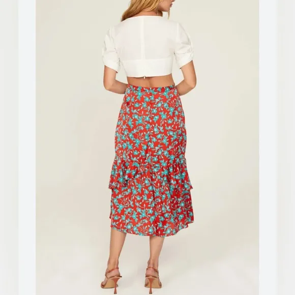 Love, Whit. By Whitney Port Red Blue Floral midi Skirt Size Large