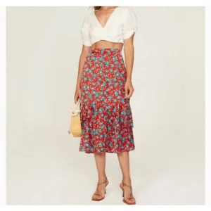 Love, Whit. By Whitney Port Red Blue Floral midi Skirt Size Large