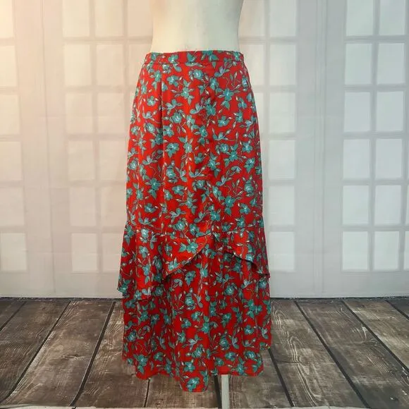Love, Whit. By Whitney Port Red Blue Floral midi Skirt Size Large