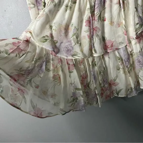 LOVESHACKFANCY Floral Print Silk Popover Mini Dress Cottage ShabbyChic Rare SZ M