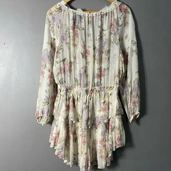 LOVESHACKFANCY Floral Print Silk Popover Mini Dress Cottage ShabbyChic Rare SZ M