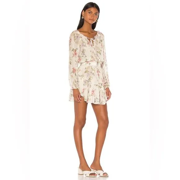 LOVESHACKFANCY Floral Print Silk Popover Mini Dress Cottage ShabbyChic Rare SZ M