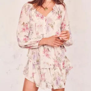 LOVESHACKFANCY Floral Print Silk Popover Mini Dress Cottage ShabbyChic Rare SZ M