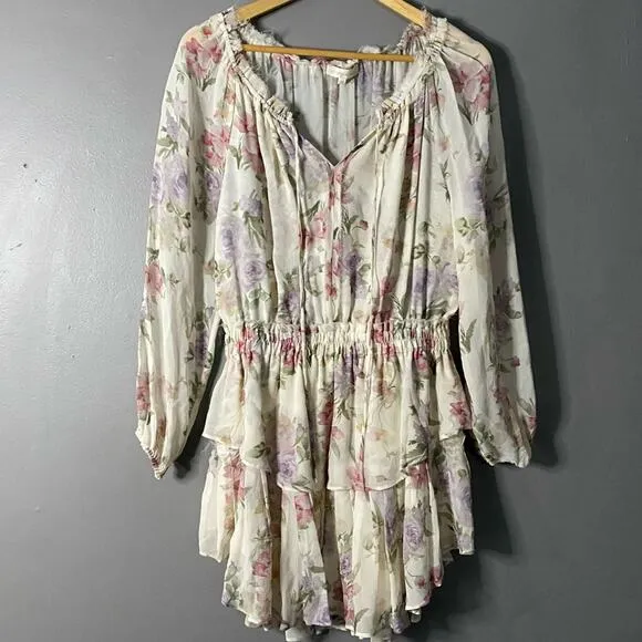 LOVESHACKFANCY Floral Print Silk Popover Mini Dress Cottage ShabbyChic Rare SZ M