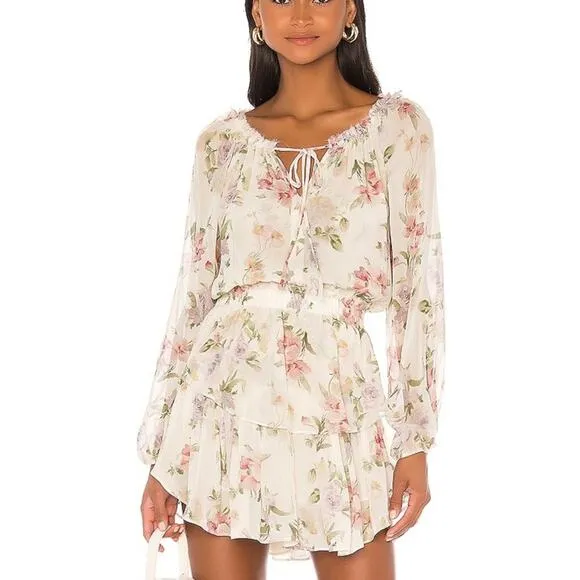 LOVESHACKFANCY Floral Print Silk Popover Mini Dress Cottage ShabbyChic Rare SZ M