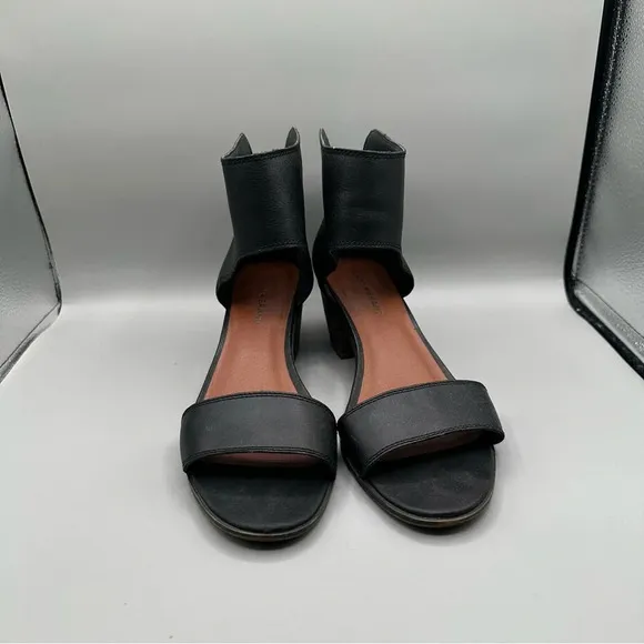 Lucky Brand Women’s 11 Balbina Black Leather Open Toe Ankle Strap Block Heels