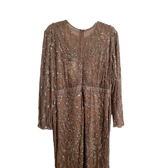 Mac Duggal Beaded Long Sleeve Evening Gown Mocha Size 16 5124 NEW $598