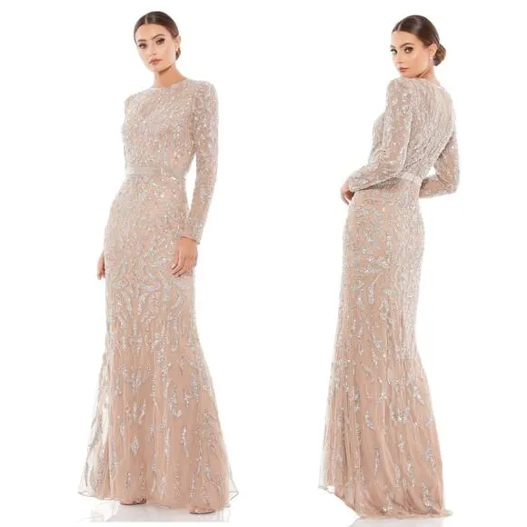 Mac Duggal Beaded Long Sleeve Evening Gown Mocha Size 16 5124 NEW $598