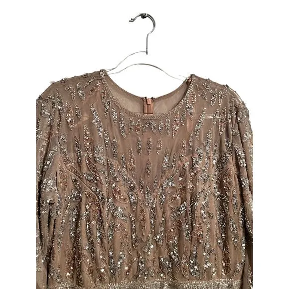 Mac Duggal Beaded Long Sleeve Evening Gown Mocha Size 16 5124 NEW $598